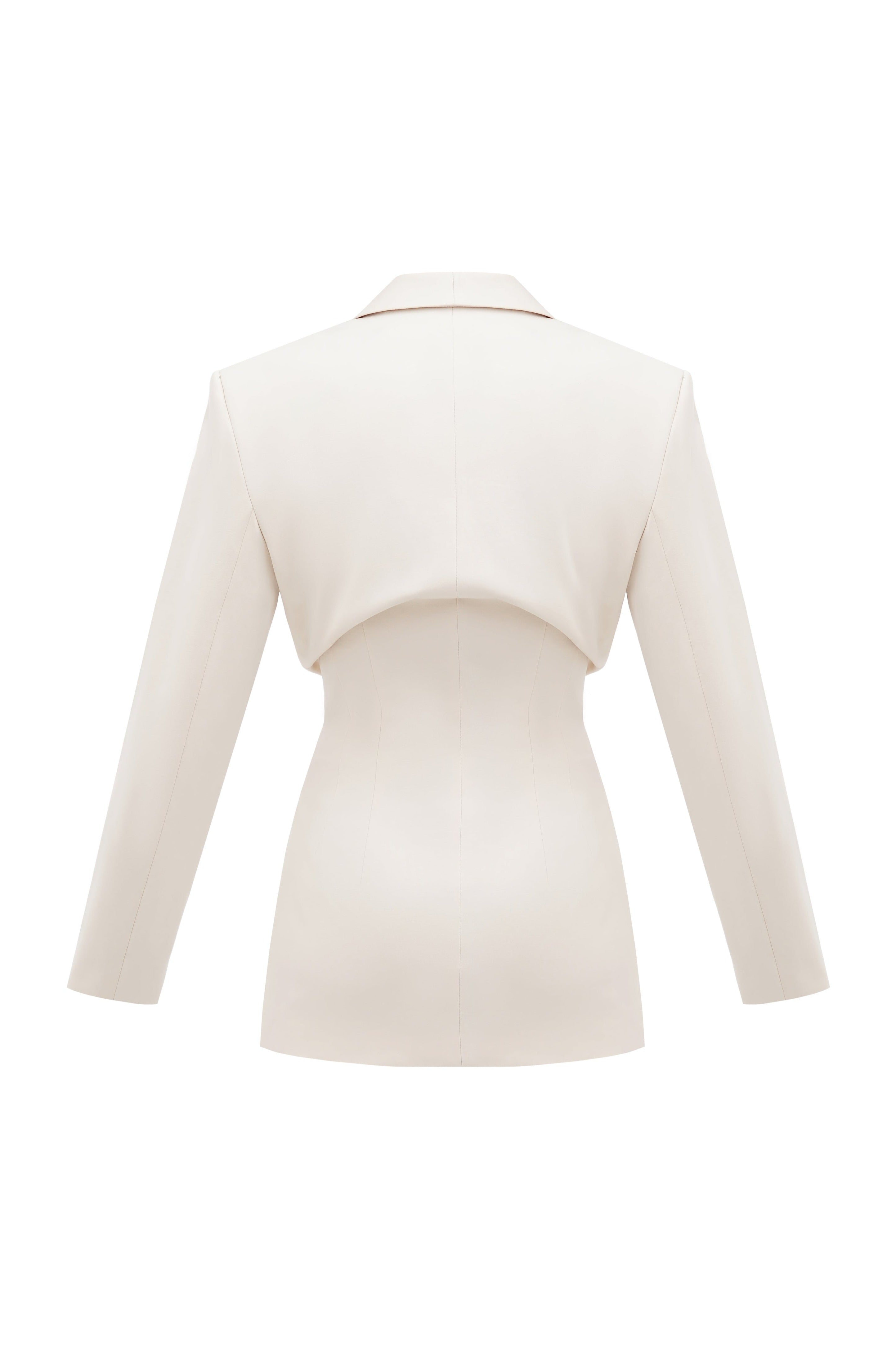 A back of an organic cotton interlock blazer in beige color