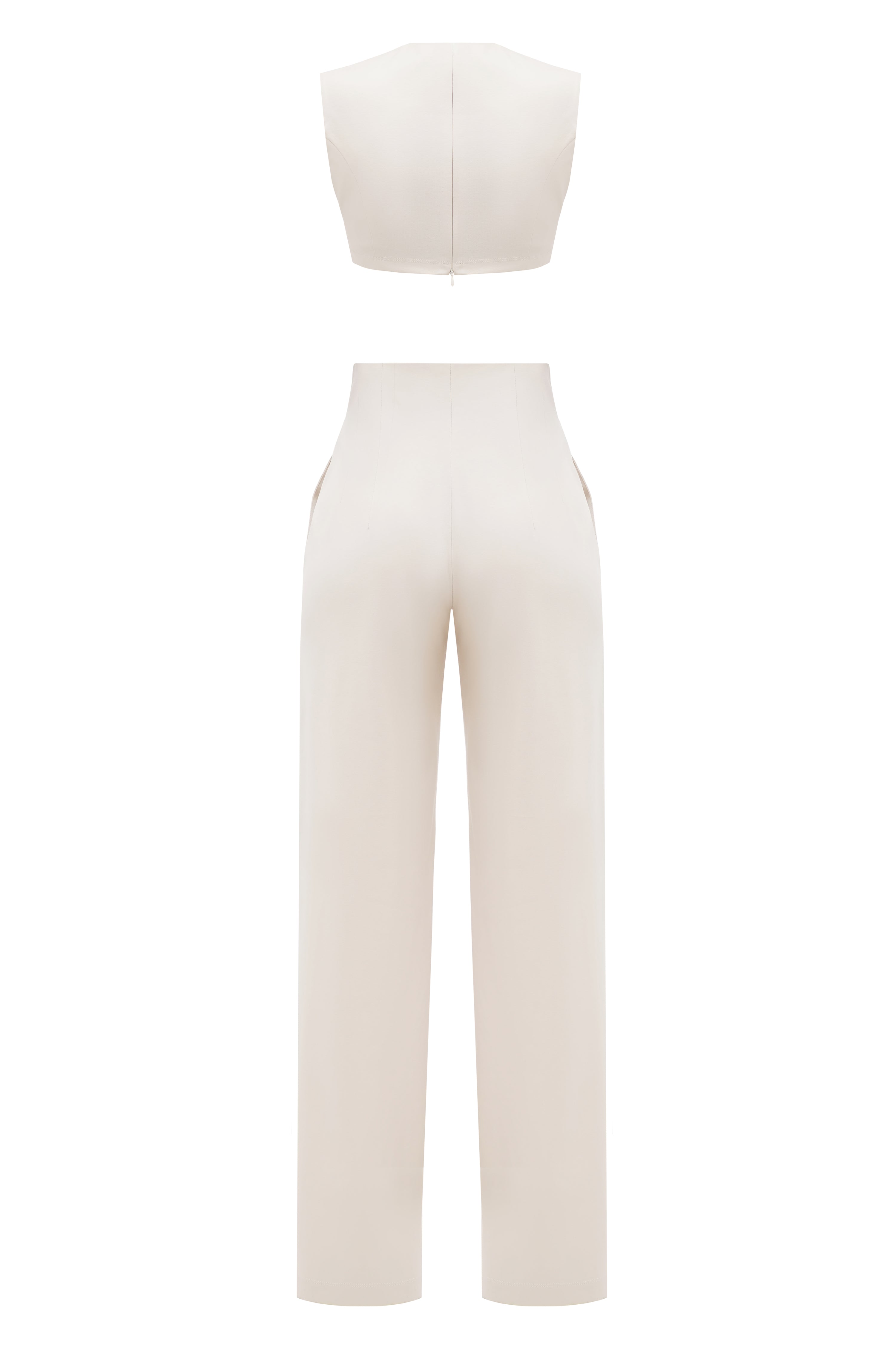 A back of a set of a top and wide leg pants in organic cotton