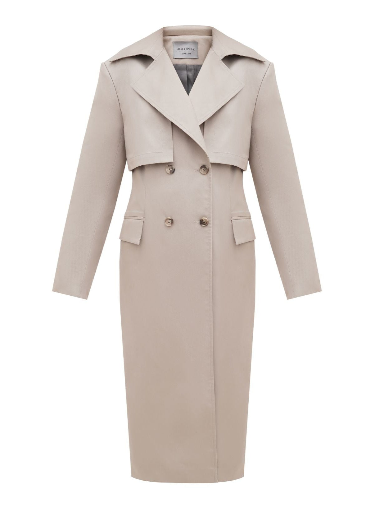 Beige trench coat recycled polyester and organic cotton blend with four front buttons