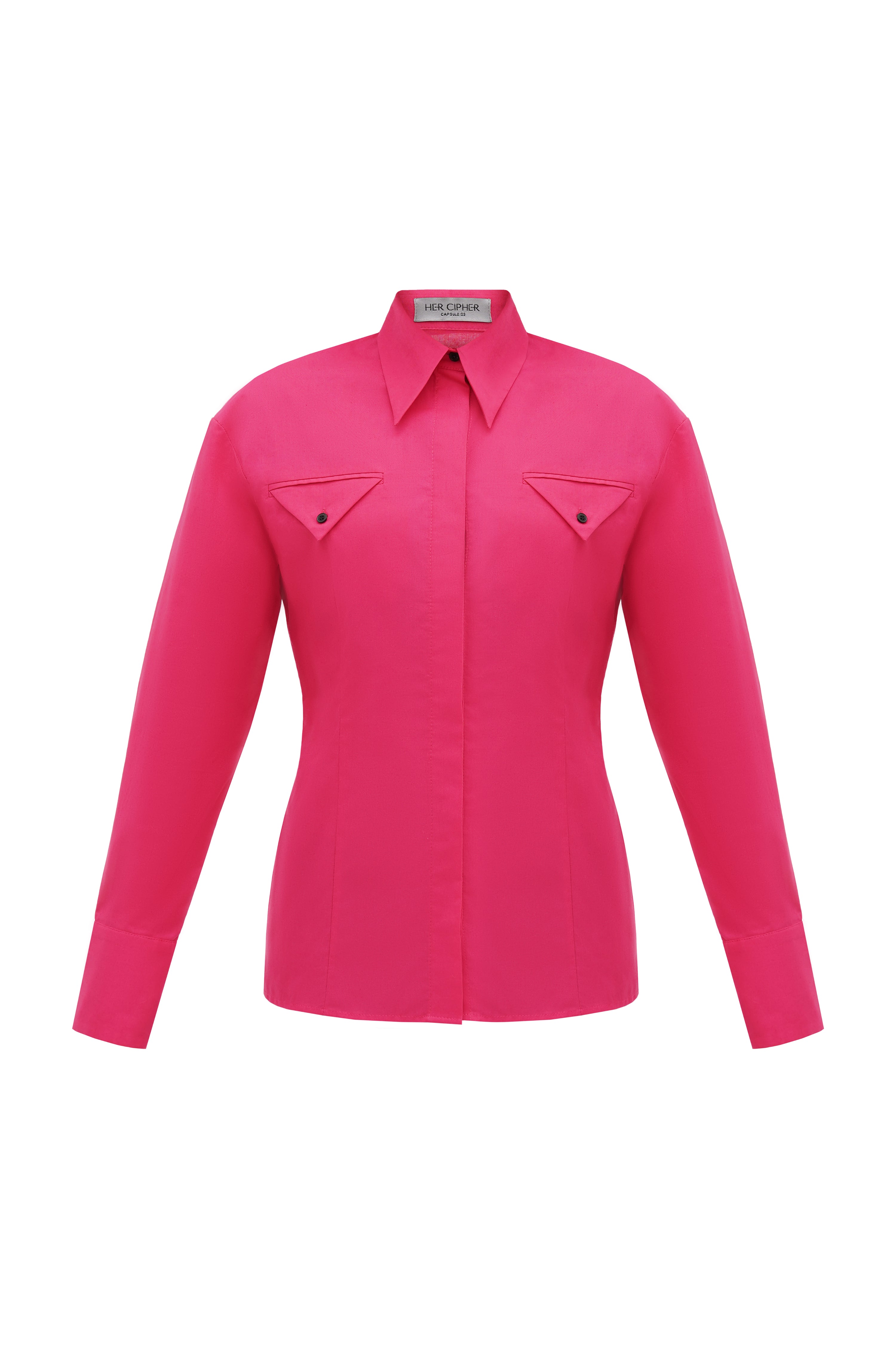 A sustainable women's fitted shirt in color magenta with black buttons created from organic 100% cotton certified with GOTS