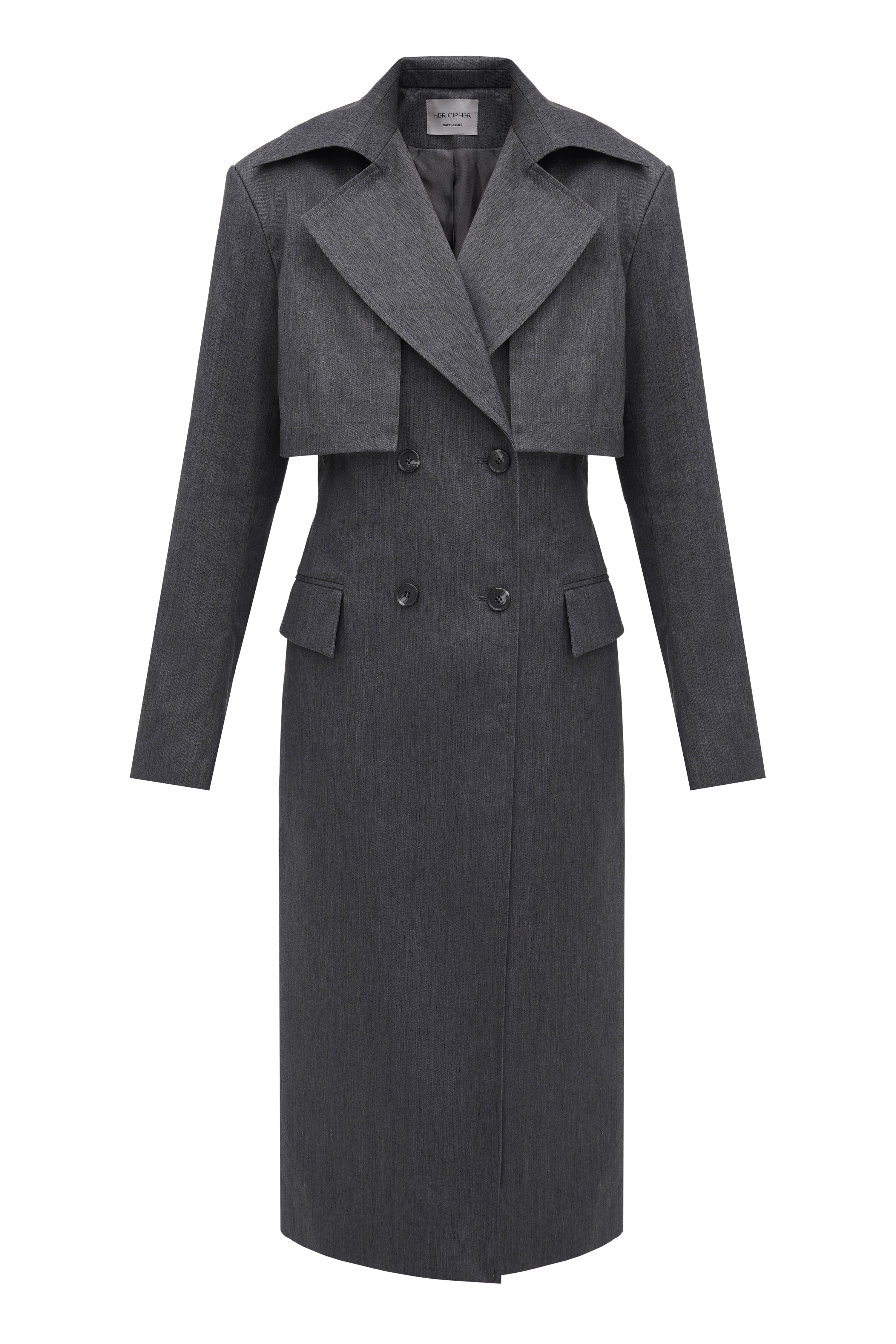 Grey recycled polyester and organic cotton blend trench coat with wide collar and double breasted closure