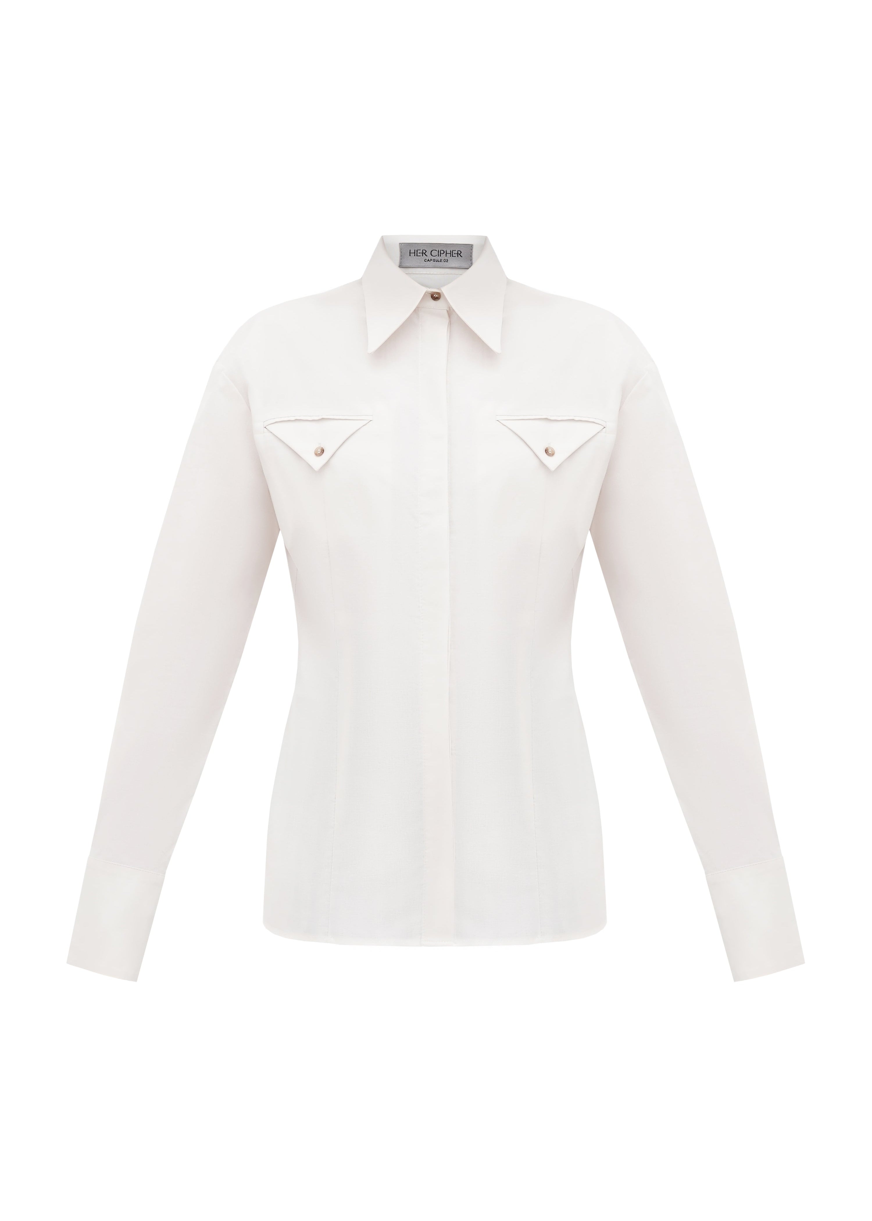 An organic 100% cotton sustainable fitted shirt with pointed collar and triangular details
