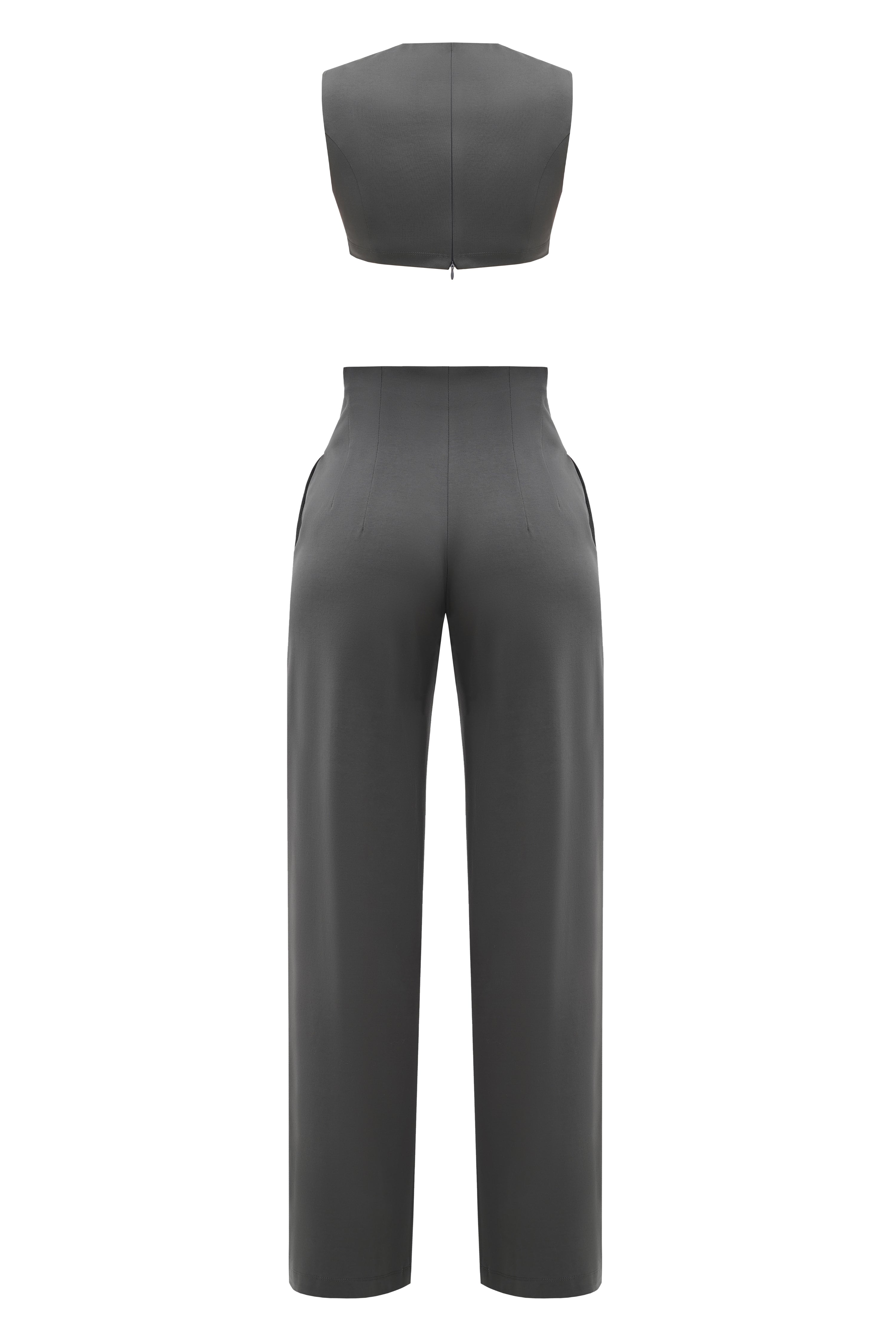 A back of an organic cotton set of cropped top and wide leg pants.