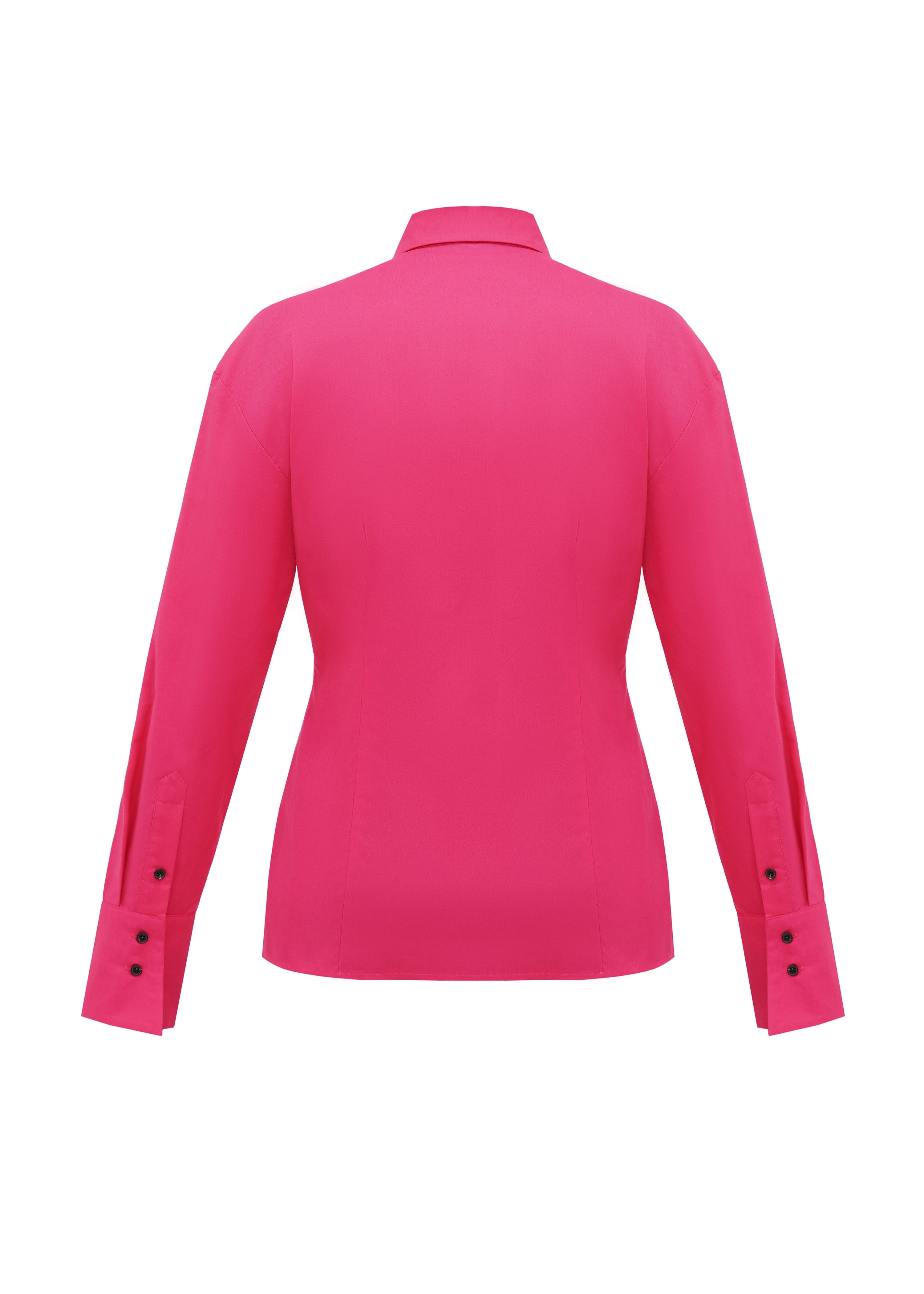A back of a fitted women's shirt in color magenta created from sustainable organic cotton fabric