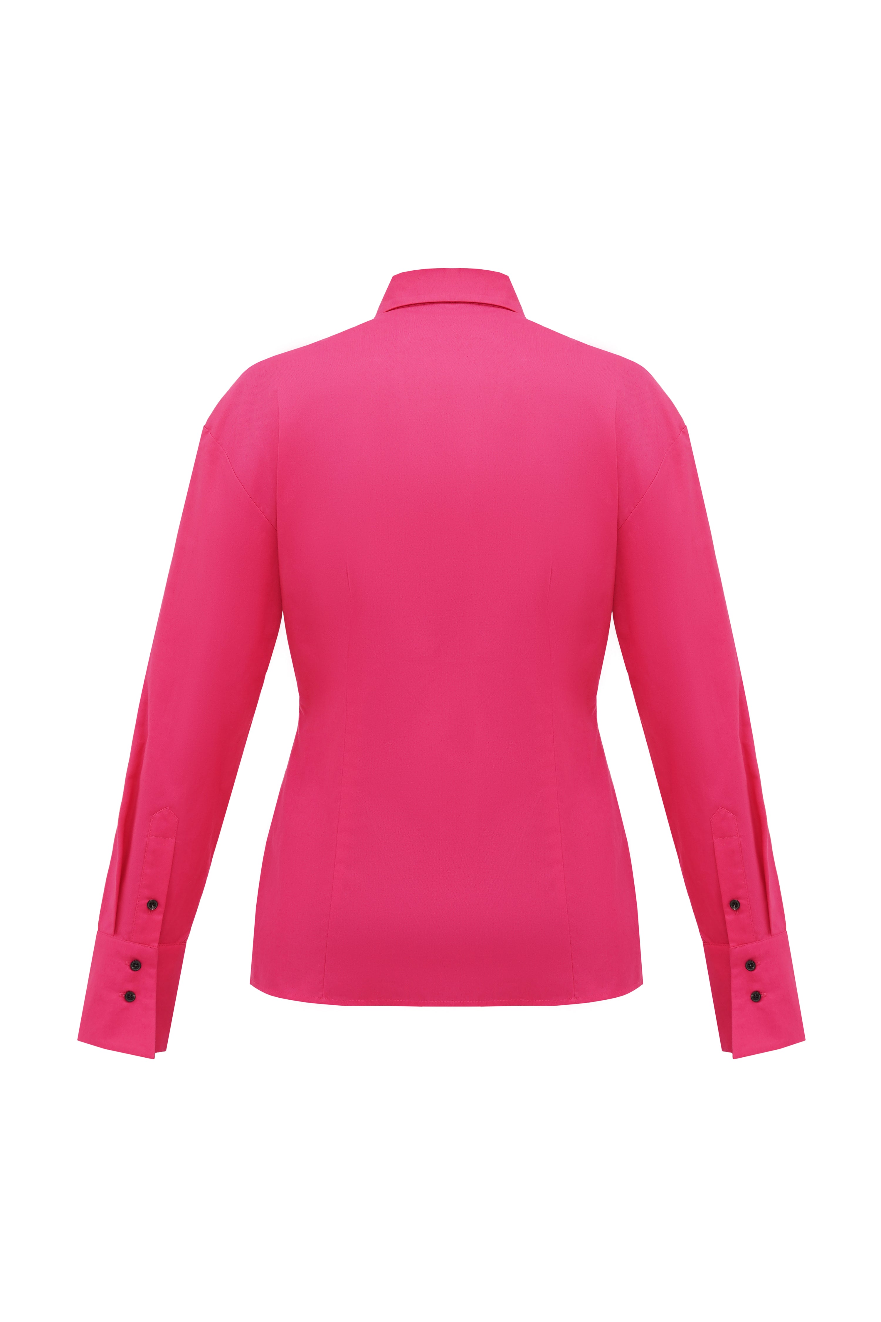 A back of a fitted women's shirt in color magenta created from sustainable organic cotton fabric