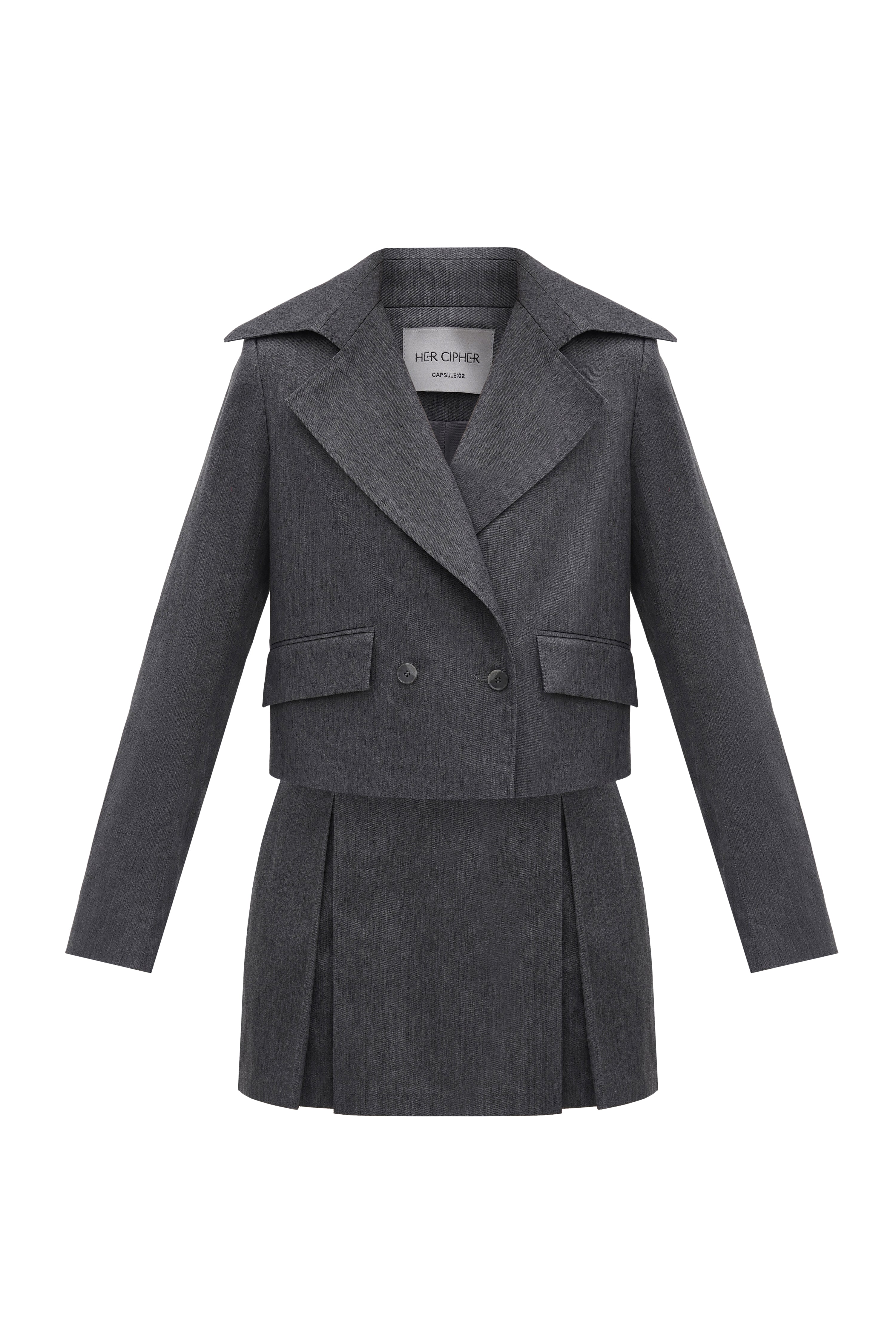 A sustainable set of jacket and skirt by HER CIPHER created from recycled polyester and organic cotton blend