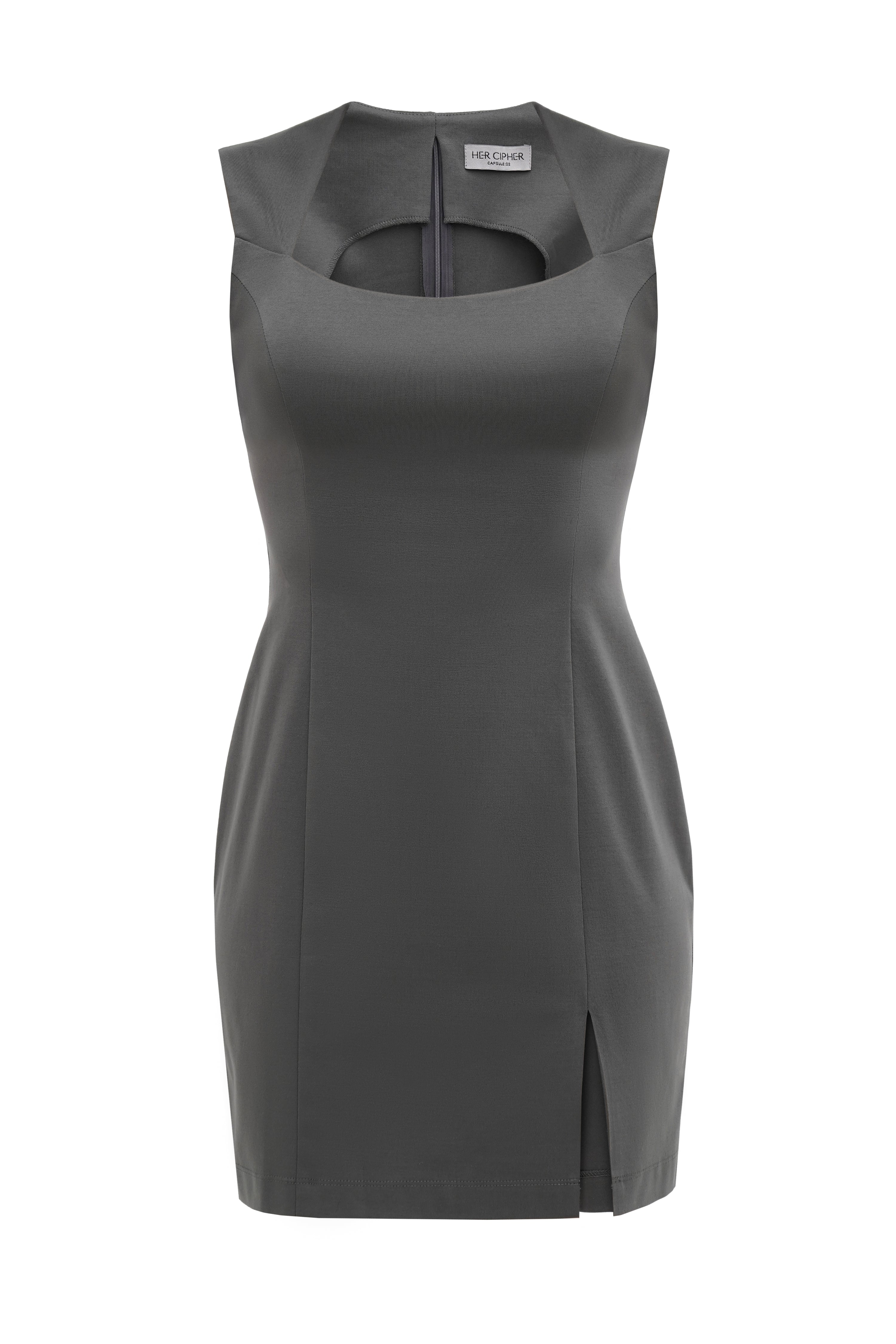 Grey organic cotton mini dress with a square neck and a font slit