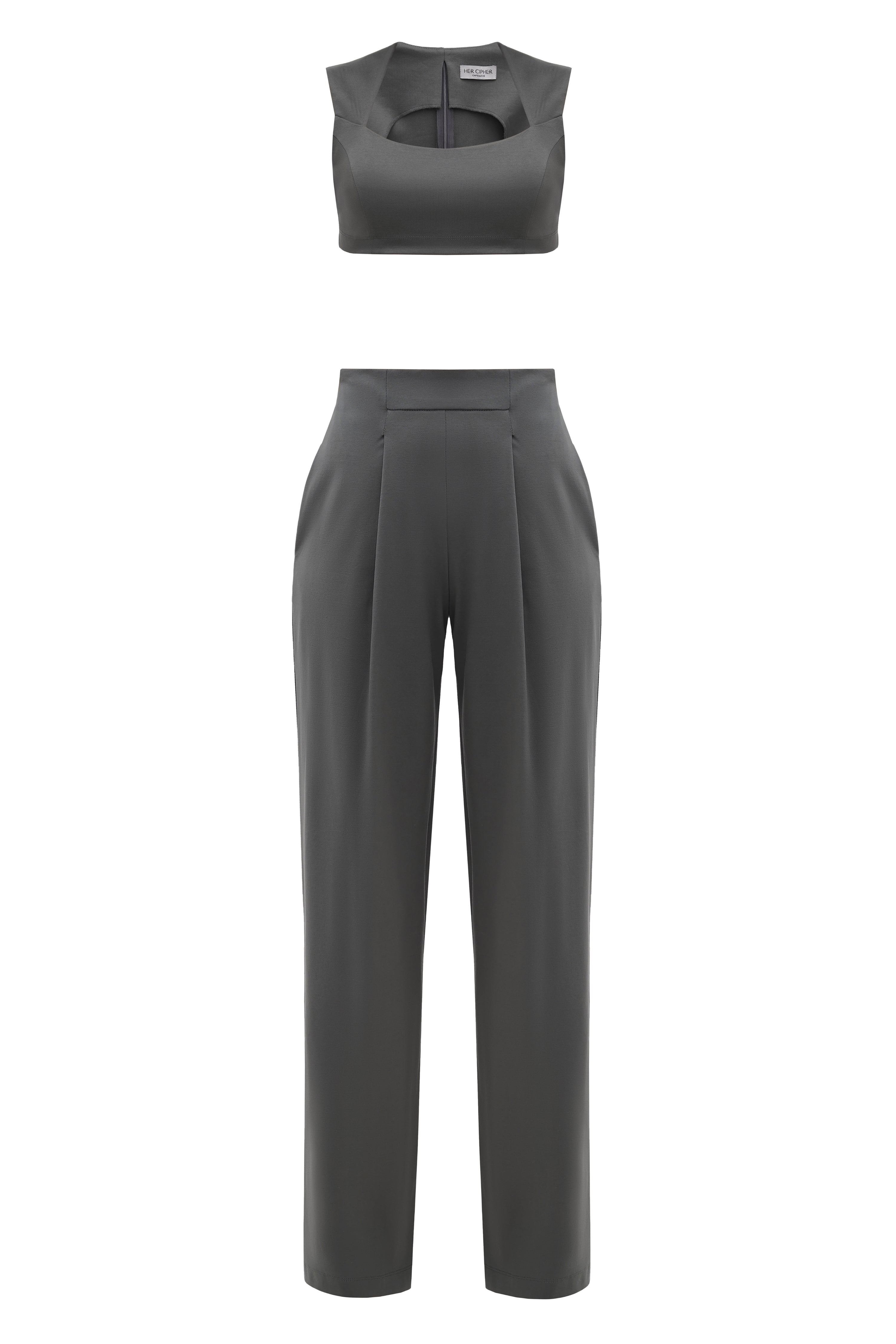 A set of a crop top with square neckline and wide straps and high waisted wide leg pants with front pleats and hidden pockets by HER CIPHER in color dark grey