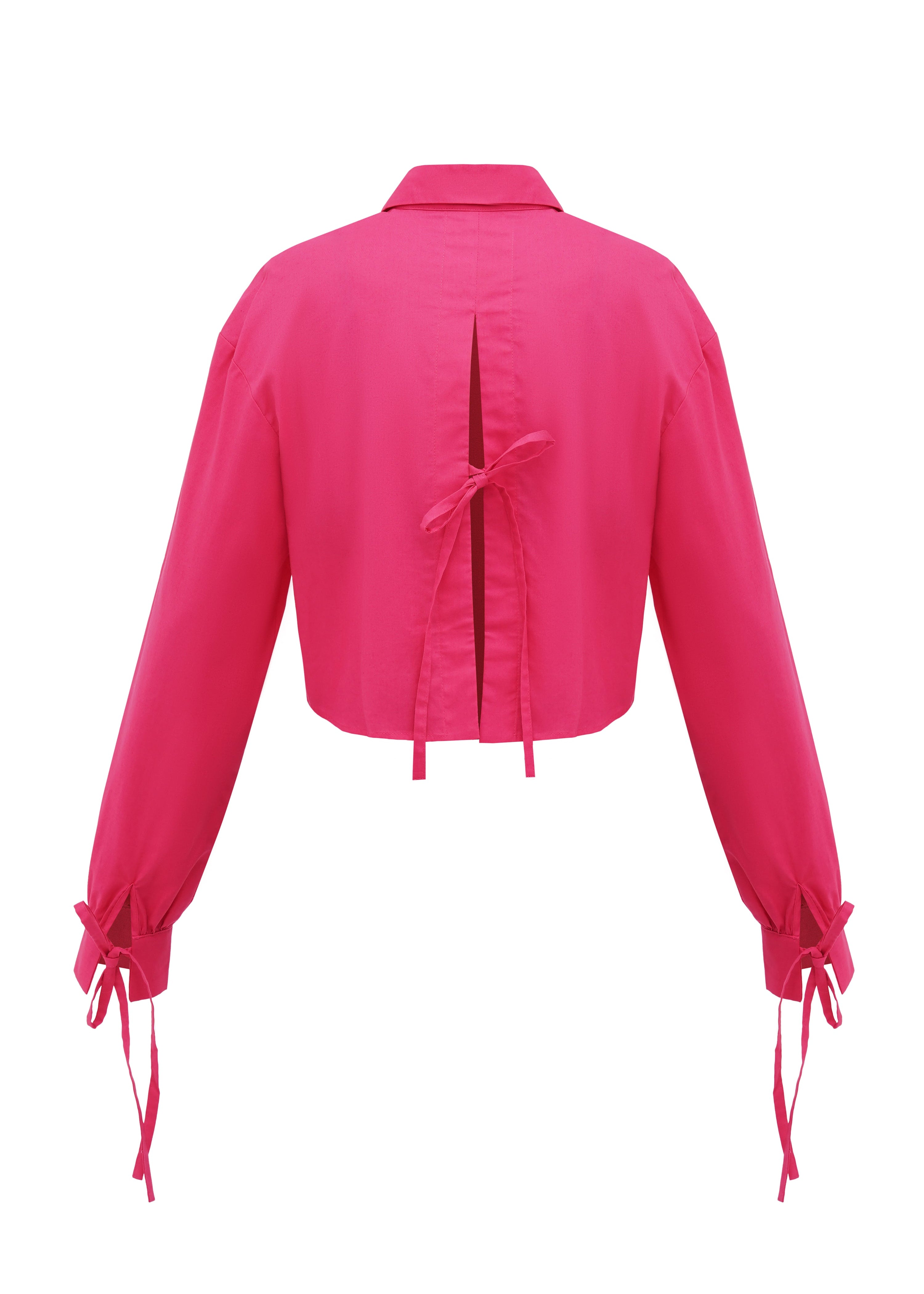 A back of a sustainable organic cotton shirt in magenta color with three bow-tie details and a slit in a back