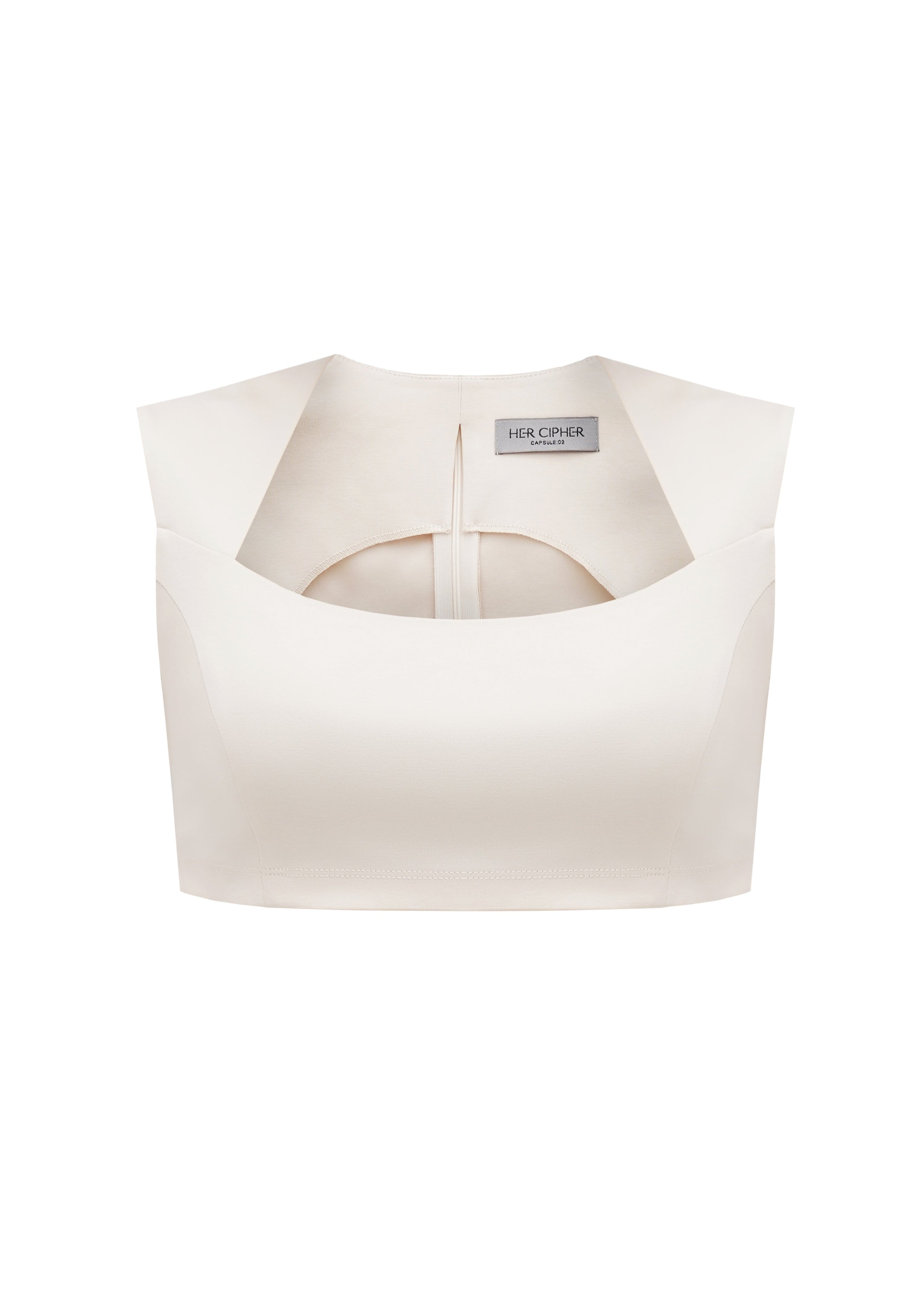 Organic cotton sustainable crop top in light beige color with square neckline, wide straps and chest support.