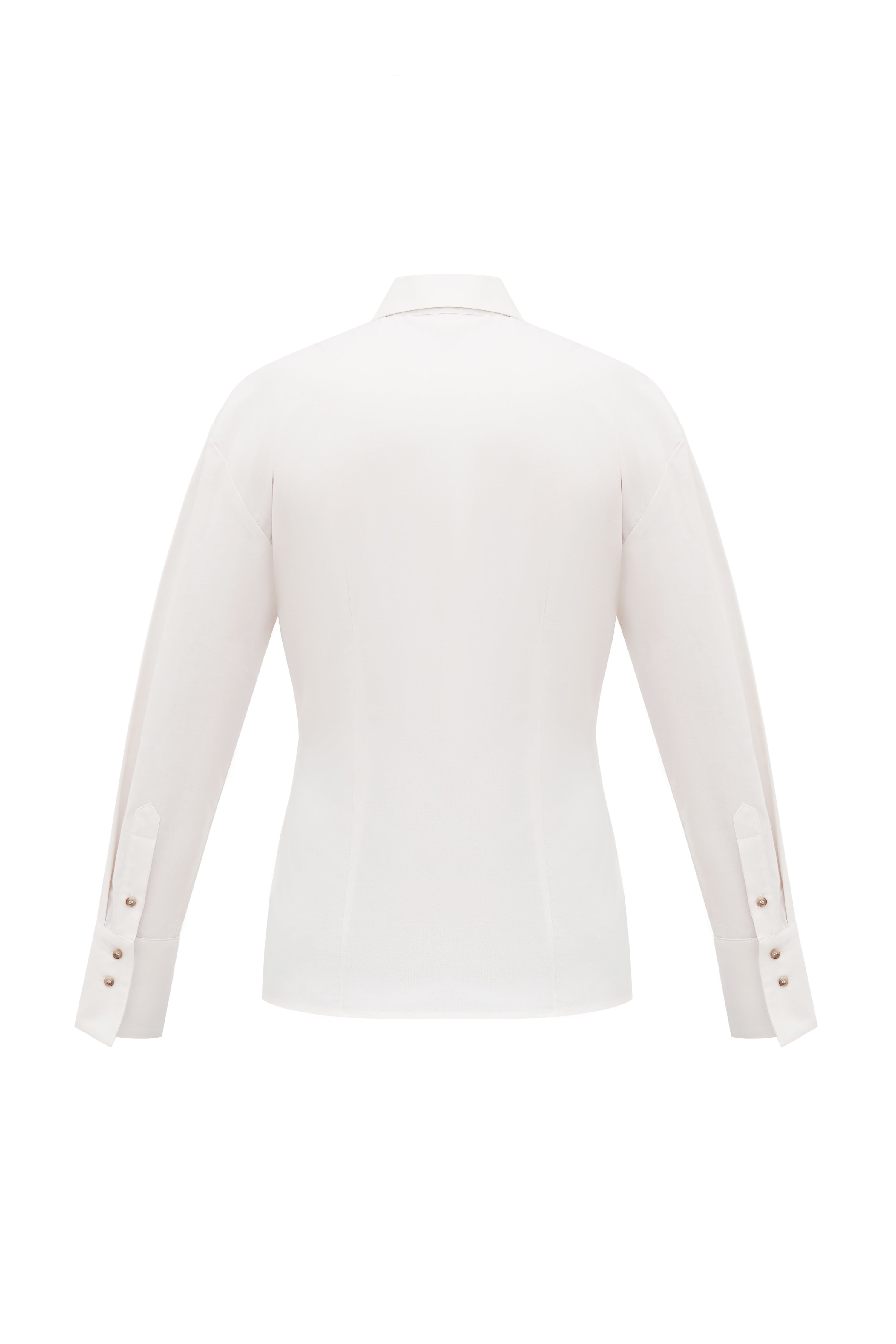 A back of a sustainable women's fitted shirt created from organic cotton certified with GOTS
