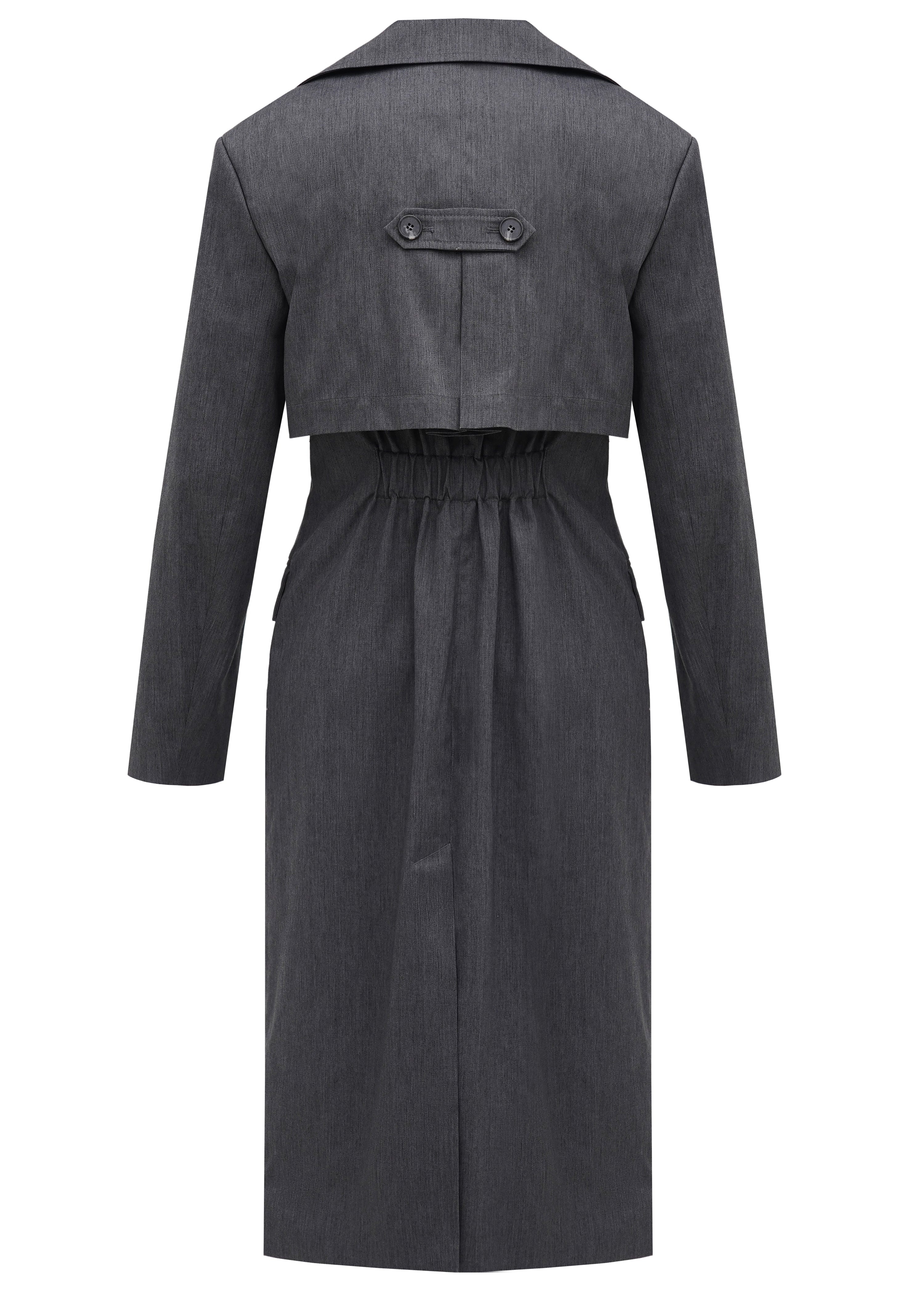 A back of a grey trench coat created from recycled polyester with an elastic detail on a waist