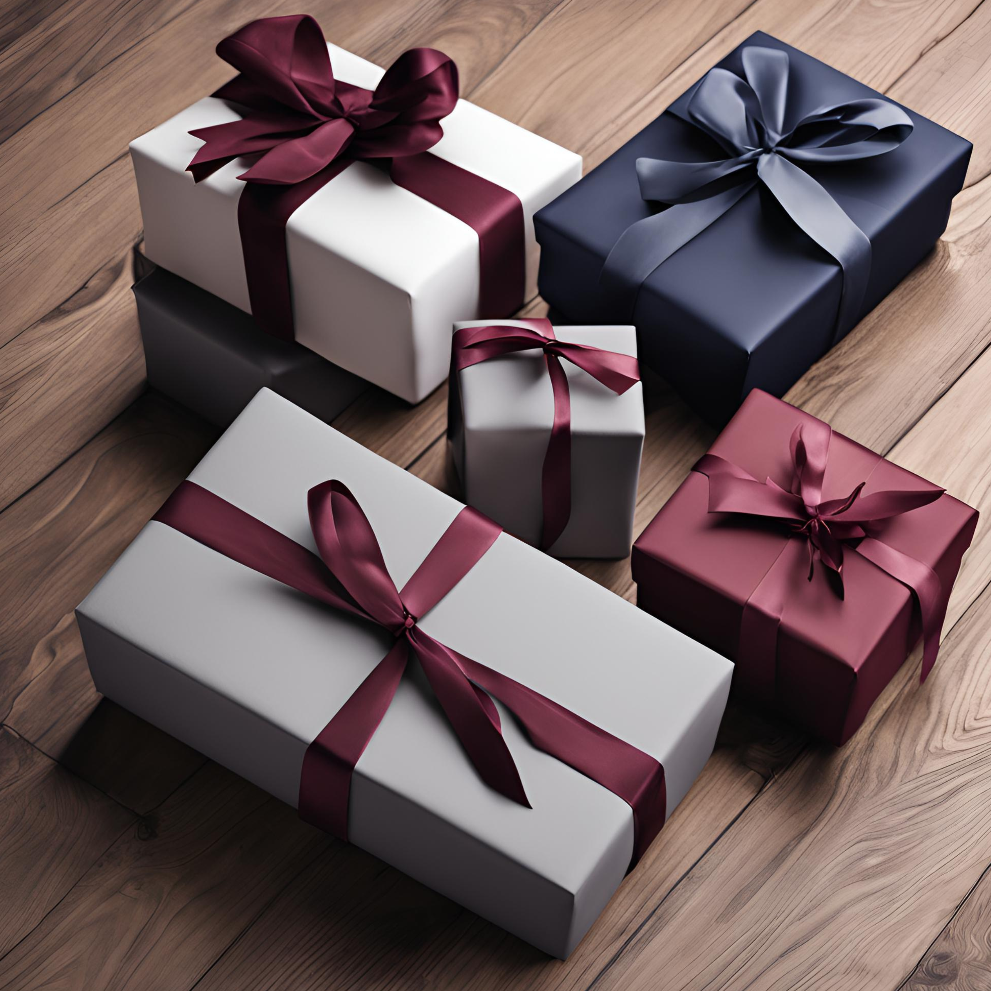 Sustainable gift boxes layed on a wooden floor