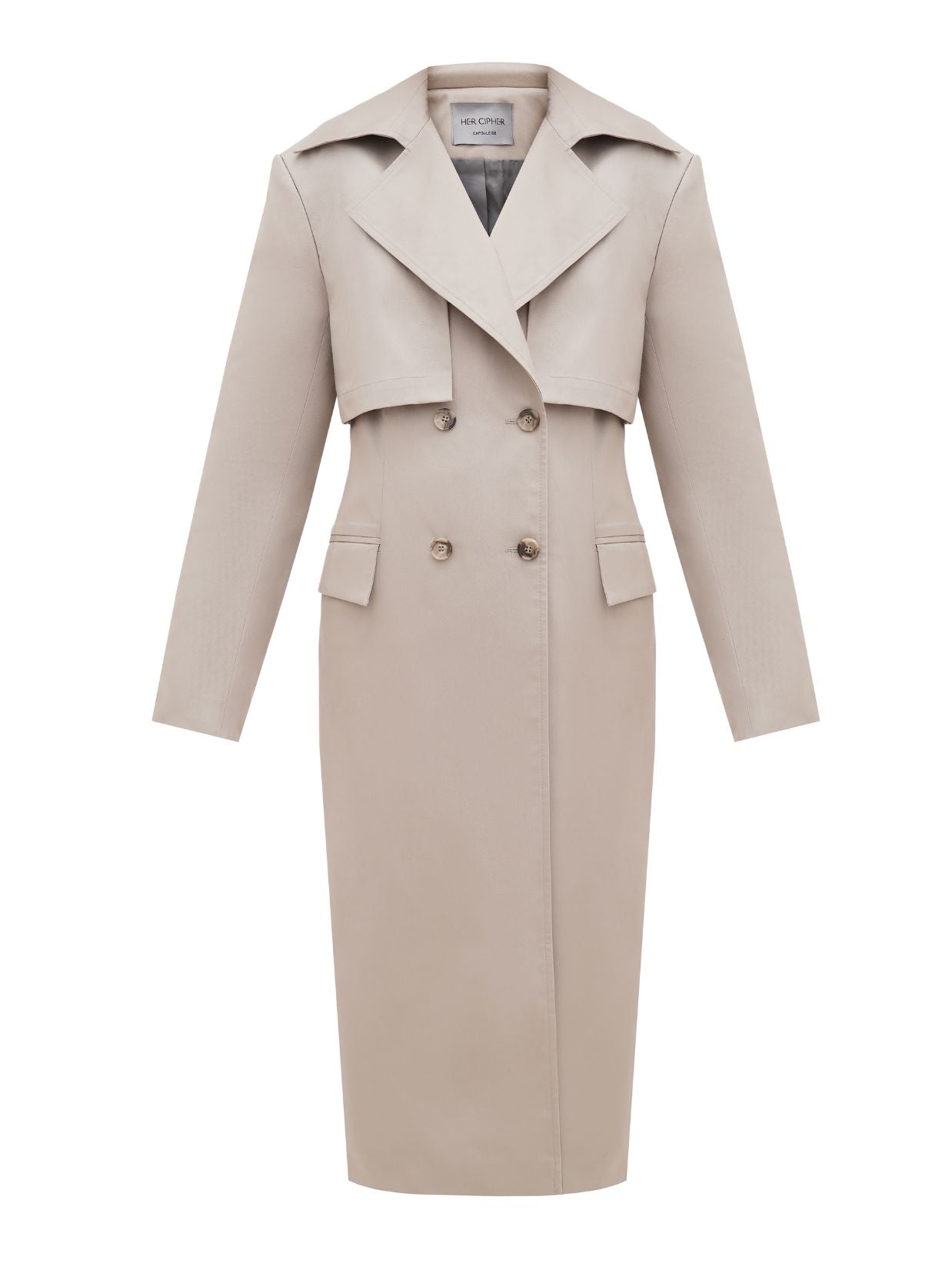Beige trench coat recycled polyester and organic cotton blend with four front buttons