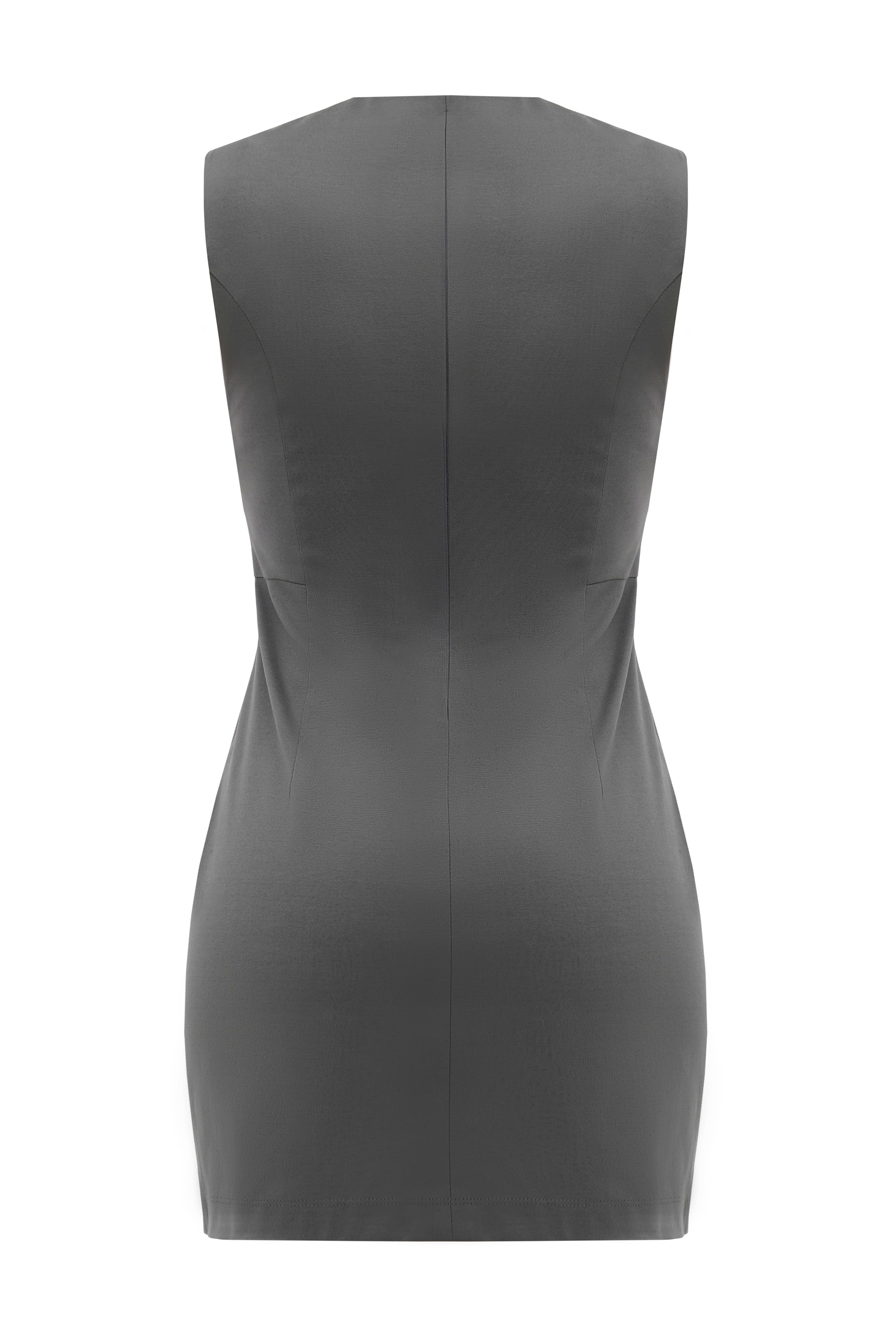 A back of a grey mini dress with a invisible zipper in the middle