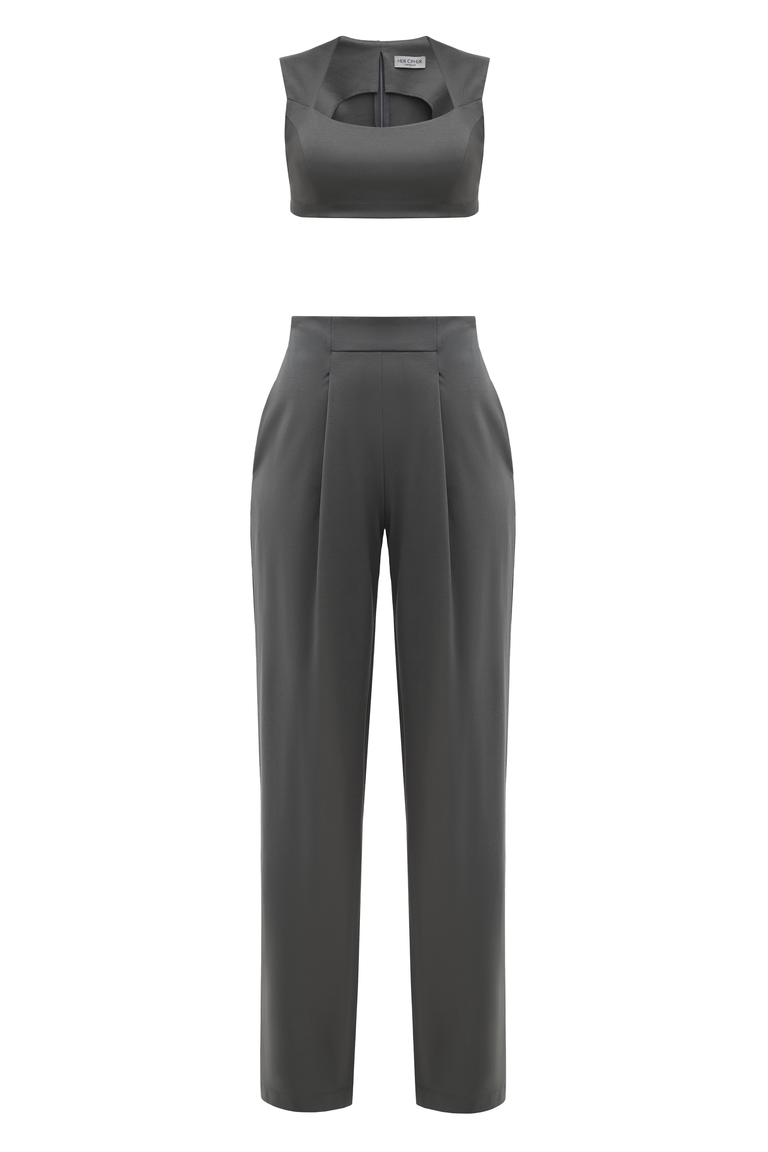 A set of a crop top with wide straps, square neckline and chest support, and high waited pleated wide leg pants in grey color by HER CIPHER