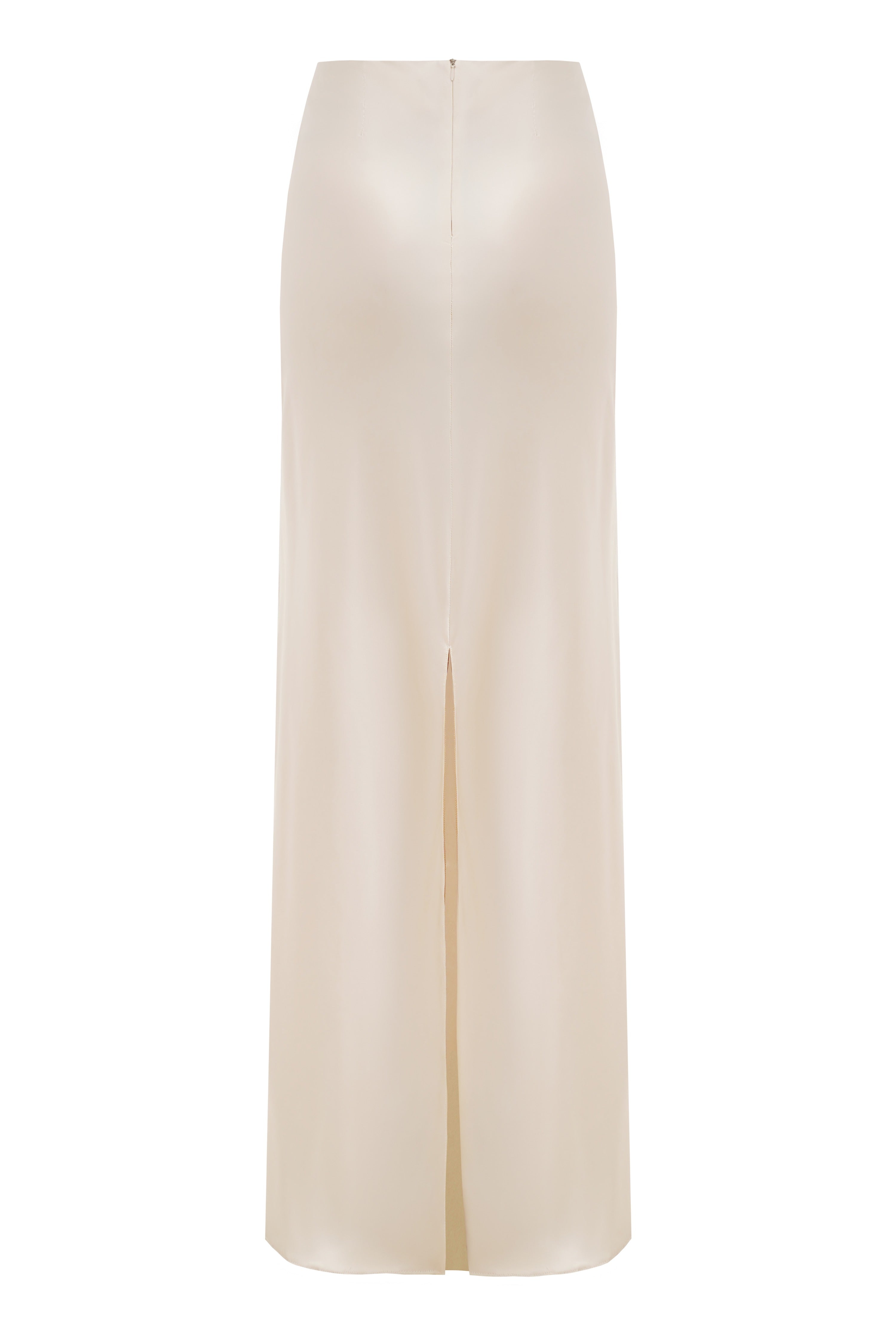 100% silk sustainable maxi skirt with a back slit and a back zipper