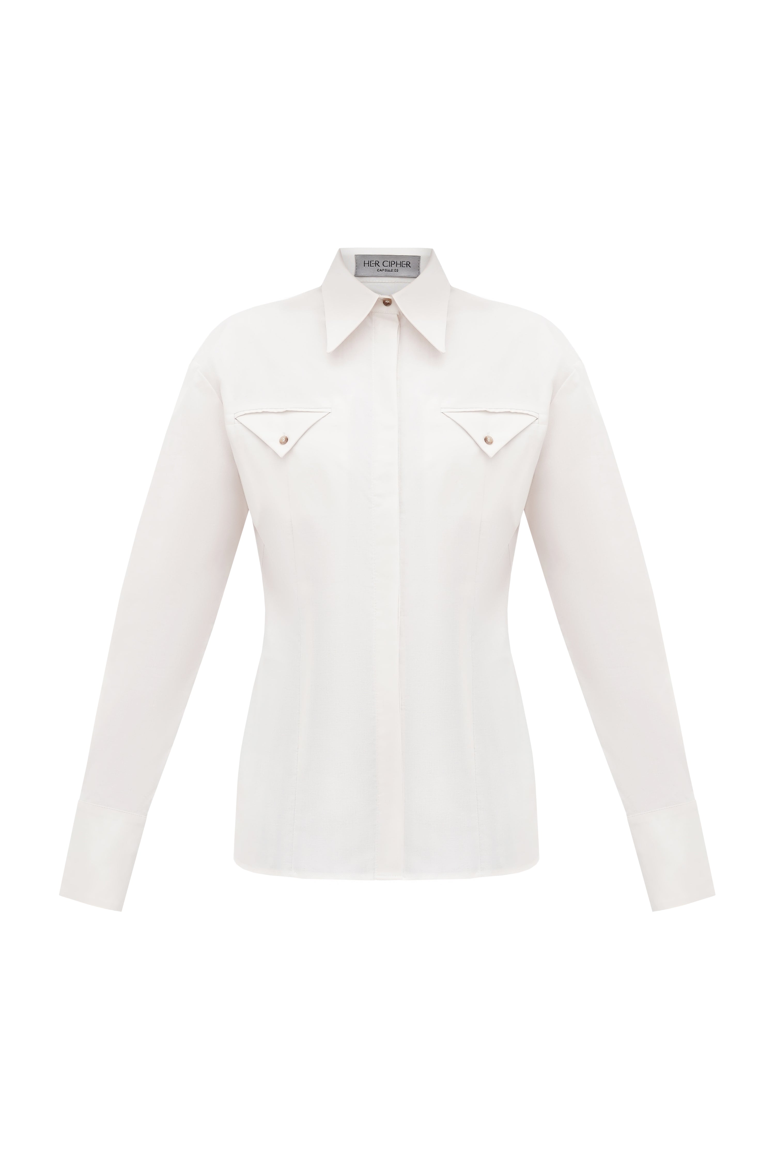 An organic 100% cotton sustainable fitted shirt with pointed collar and triangular details