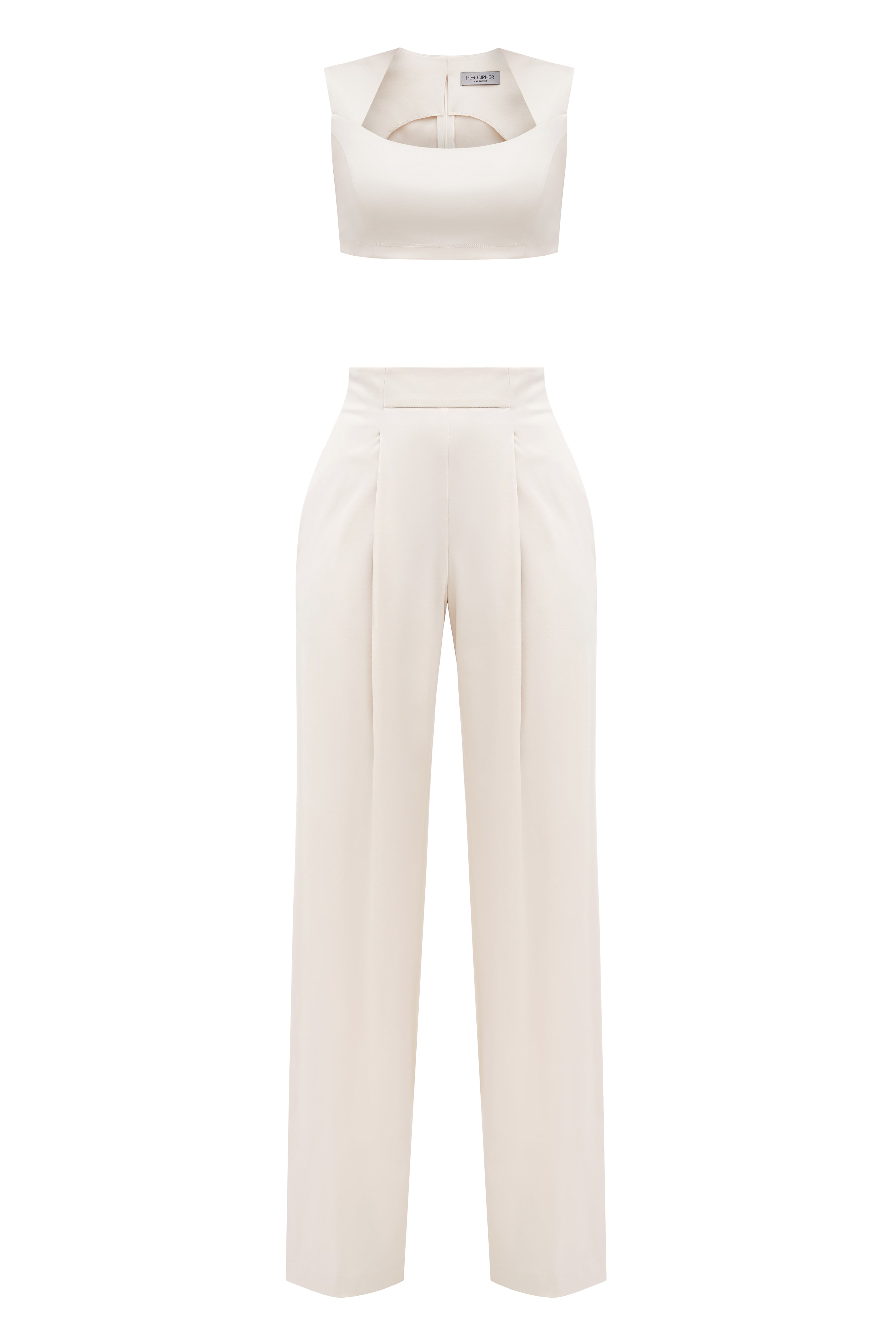 A set of crop top and pants created from a light beige sustainable cotton  