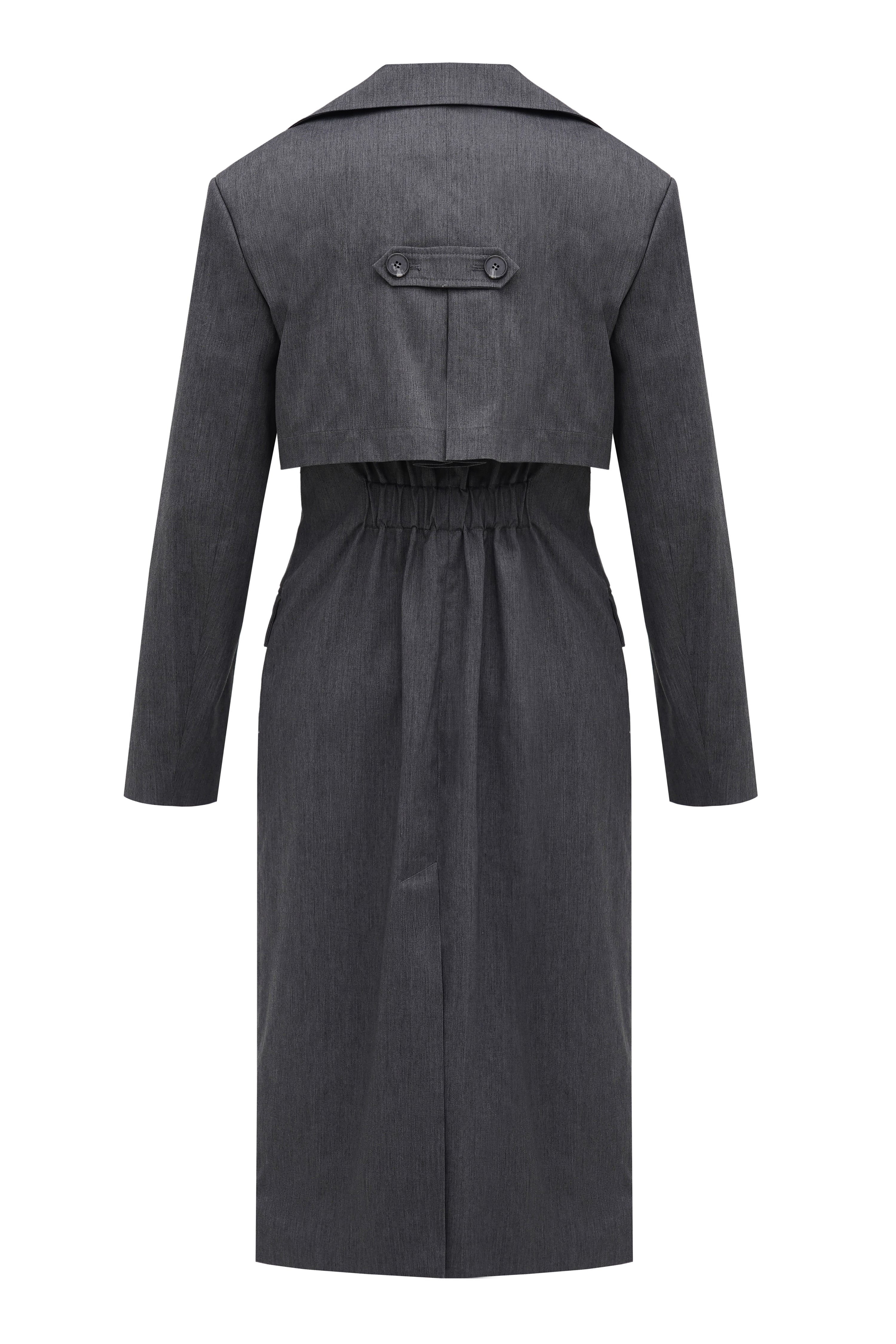 A back of a grey trench coat created from recycled polyester with an elastic detail on a waist